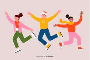 Free vector young people wearing winter clothes jumping flat designyoung people wearing winter clothes jumping flat design