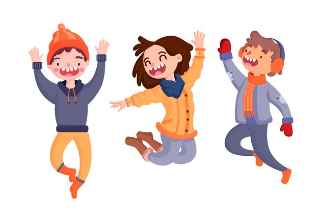 Young people wearing winter clothes jumping illustration pack