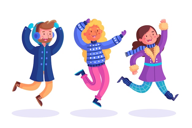 Free vector young people wearing winter clothes jumping pack