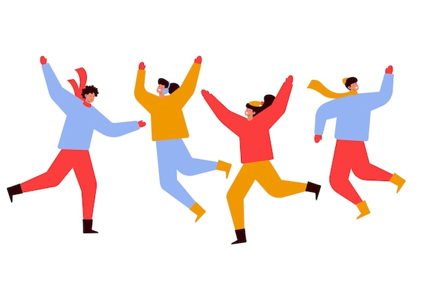 Бесплатное векторное изображение Молодые люди в зимней одежде прыгают вместе