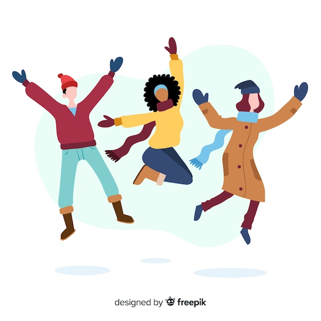 Free vector young people wearing winter clothes jumping