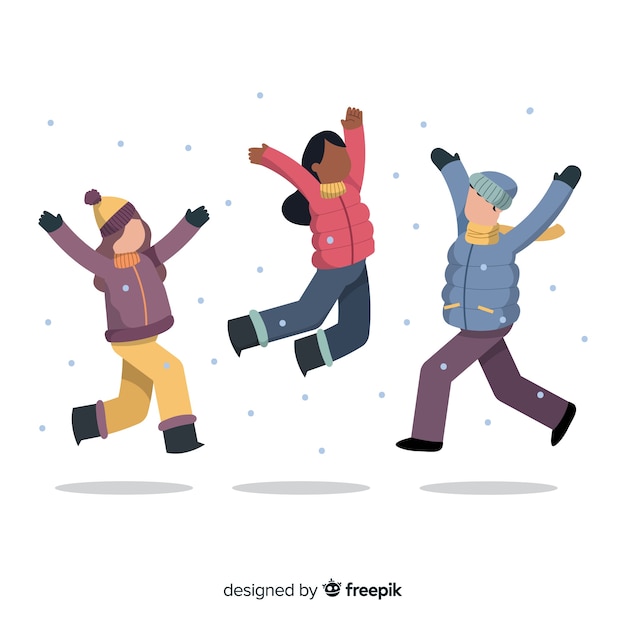 Free vector young people wearing winter clothes jumping