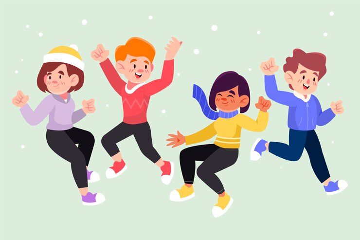 ฟรี Vector young people wearing winter clothes jumping