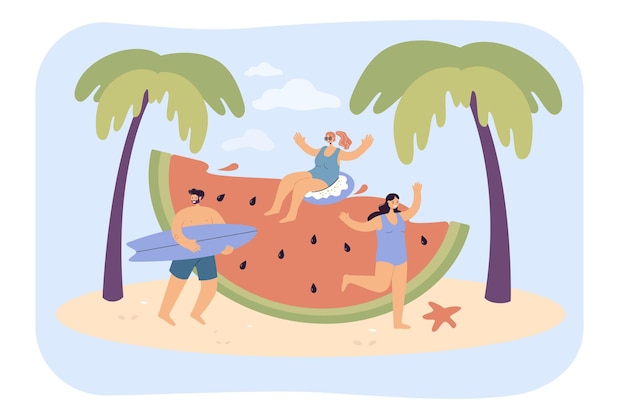 Free vector young people with huge watermelon on beach