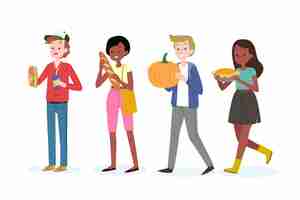 Free vector young people with pumpkin and pie