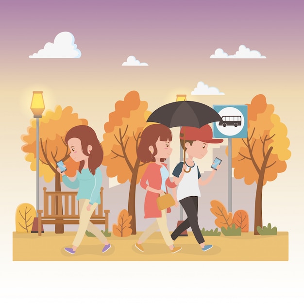 Free vector young people with umbrella walking in the park characters