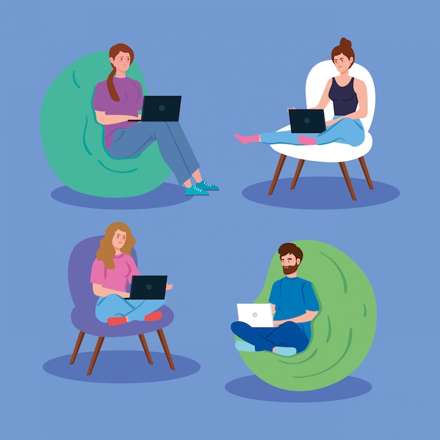 Young people working in telecommuting illustration