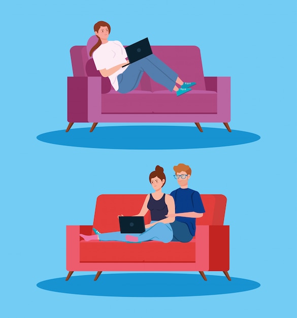 Free vector young people working in telecommuting illustration