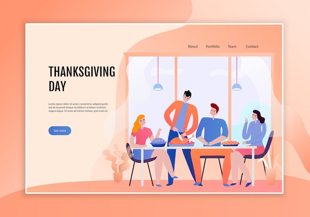 Young persons at festive table in thanksgiving day concept of web banner flat illustration
