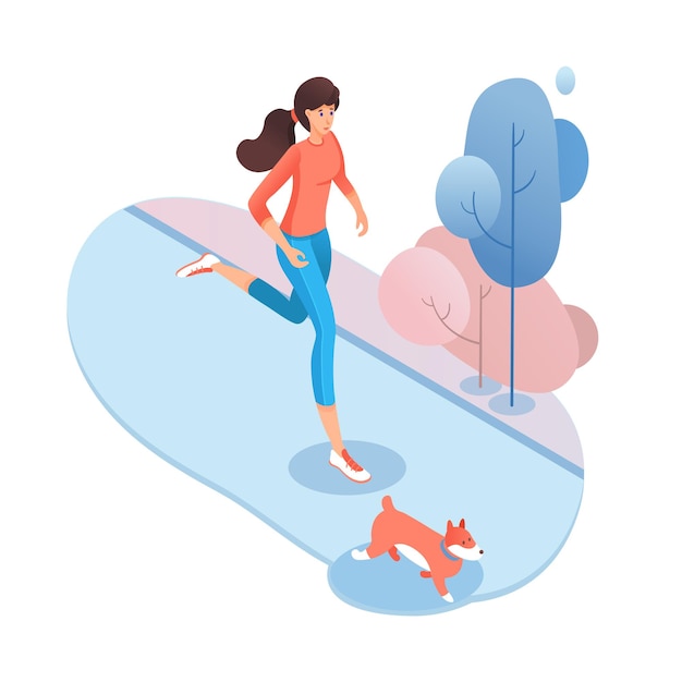 Free vector young pet lover runner in sportswear cartoon characters sportswoman jogging dog walking outdoor