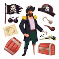 Free vector young pirate captain and sailor with hook cartoon characters