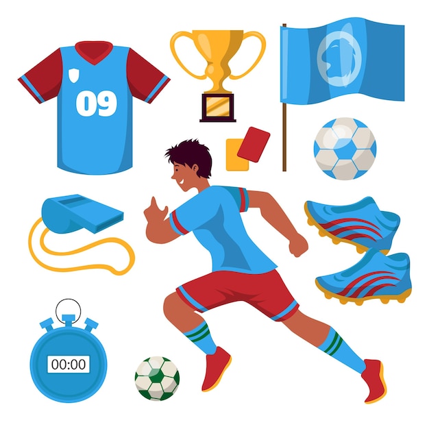 Бесплатное векторное изображение Молодой игрок с футбольным снаряжением в мультяшном стиле