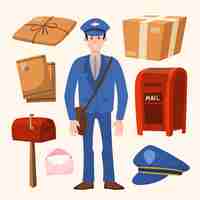 Free vector young postman and postal equipment cartoon character