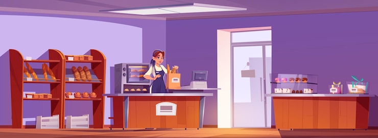 Free Vector young saleswoman packing fresh bread in paper bag
