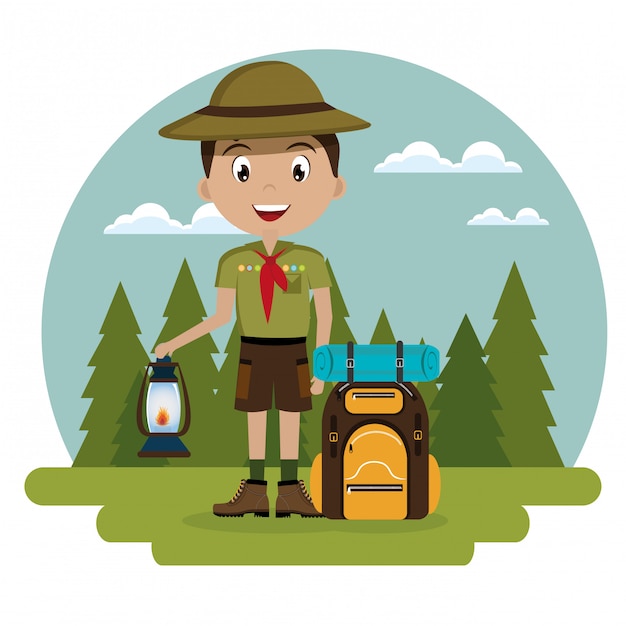 Free vector young scout in the camping zone scene