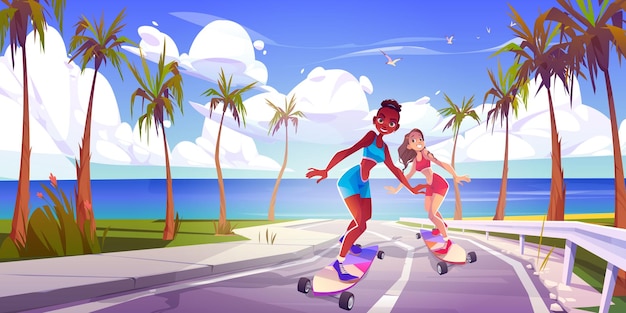 Free vector young sexy woman on skateboard riding palm road