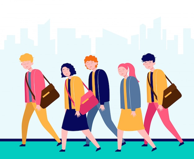 Free vector young sleepy people going to work