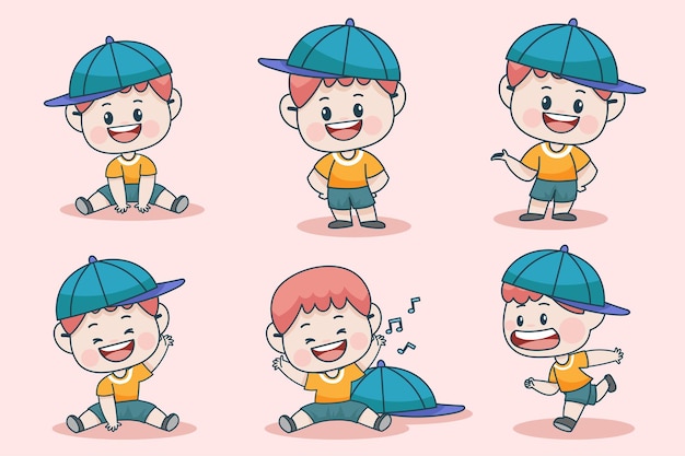 Free vector young smart boy character with different facial expression and hand poses.