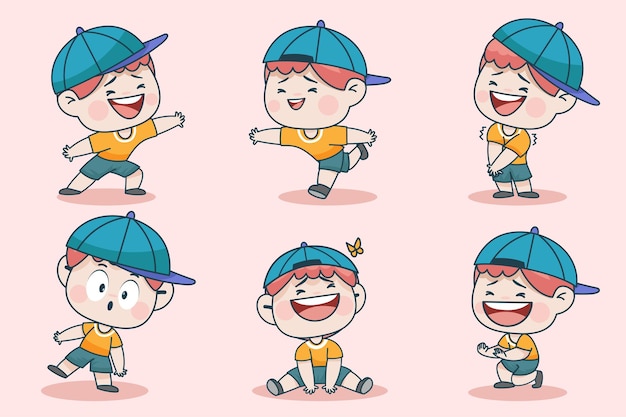 Free vector young smart boy character with different facial expression and hand poses.