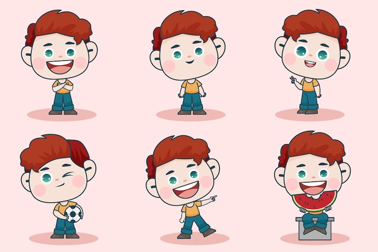 무료 Vector 다른 표정과 손으로 영 스마트 소년 캐릭터 포즈.