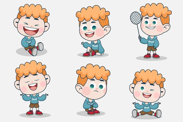 Young smart boy character with different facial expression and hand poses.