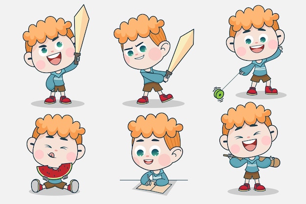 Free vector young smart boy character with different facial expression and hand poses.