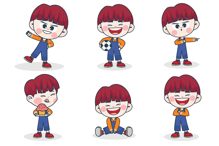 무료 Vector 다른 표정과 손으로 영 스마트 소년 캐릭터 포즈.