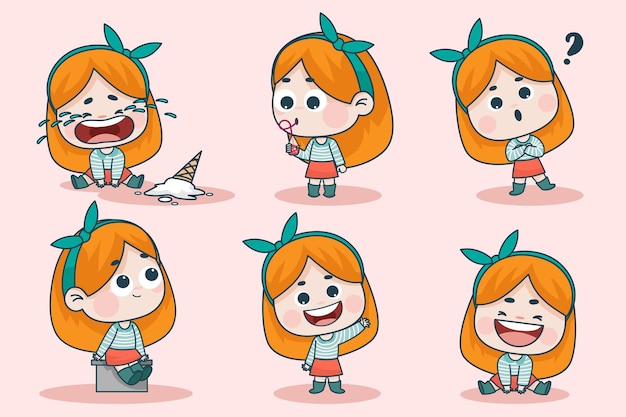 Free vector young smart girl character with different facial expression and hand poses.