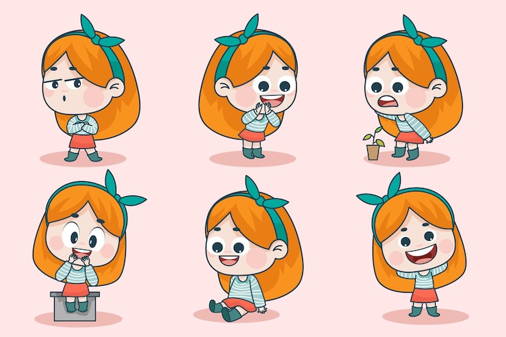 무료 Vector 다른 표정과 손 포즈를 가진 젊은 똑똑한 소녀 캐릭터.