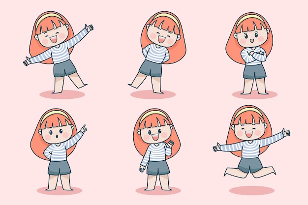 Young smart girl character with different facial expression and hand poses.