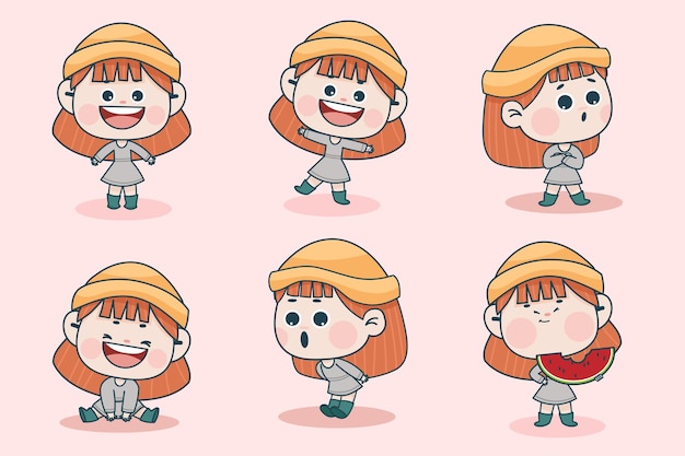 Free vector young smart girl character with different facial expression and hand poses.