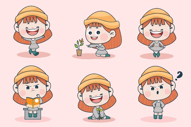 Young smart girl character with different facial expression and hand poses. 