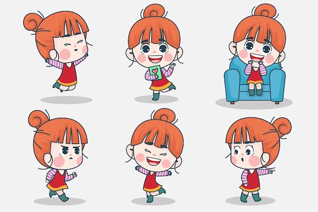 Young smart girl character with different facial expression and hand poses.