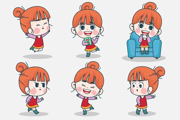 Young smart girl character with different facial expression and hand poses. 