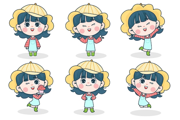 Free vector young smart girl character with different facial expression and hand poses.