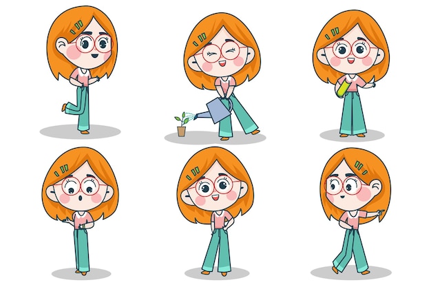 Young smart girl character with different facial expression and hand poses.