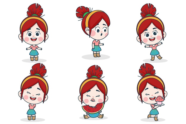 Free vector young smart girl character with different facial expression and hand poses.