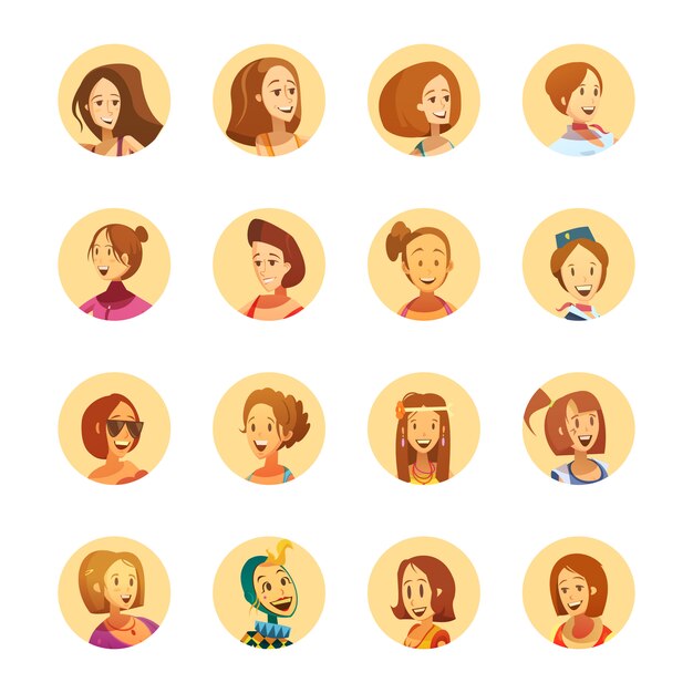 Young smiling woman cartoon style round avatar icons collection