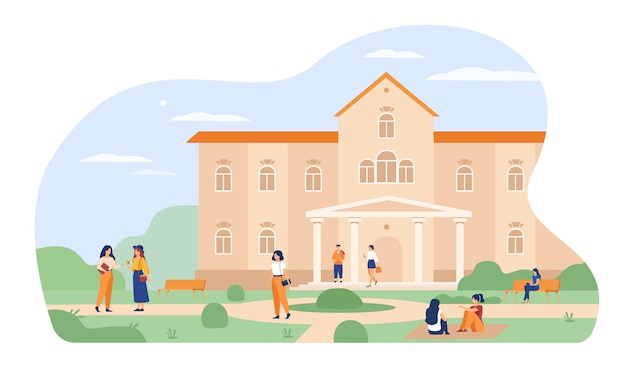 Free vector young students walking in front of university or college building flat vector illustration. cartoon people relaxing and sitting on grass at campus.