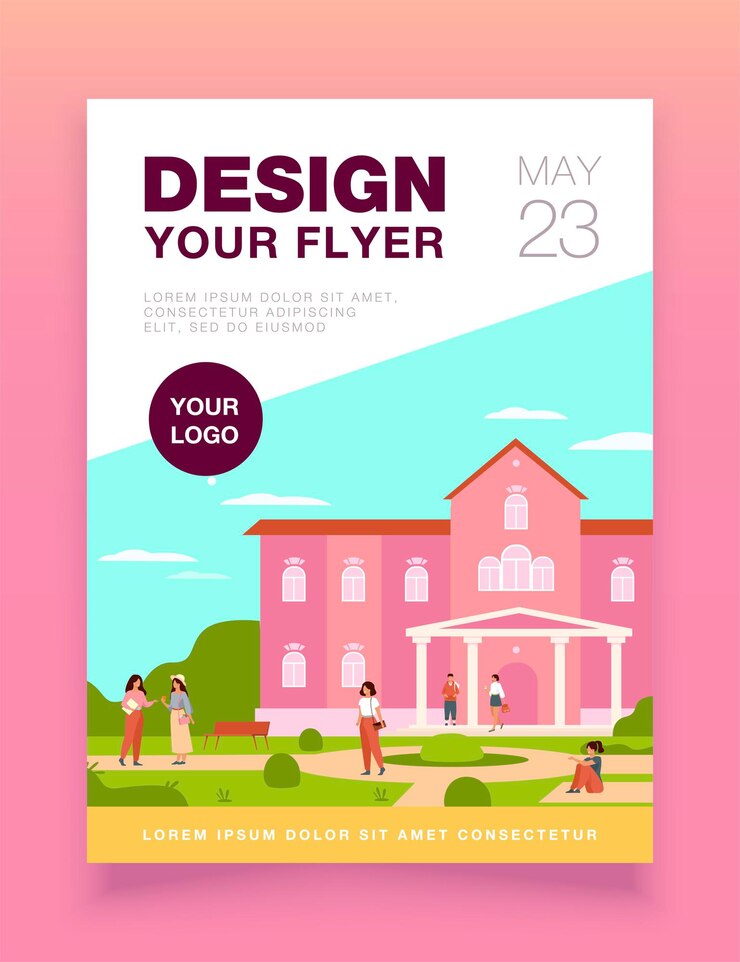 Free Vector young students walking in front of university or college building flyer template