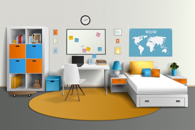 Free vector young teenager room interior design with bed computer table