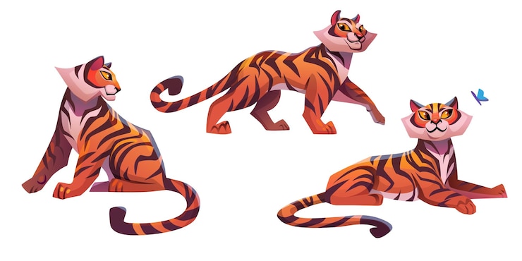 Free Vector young tiger cartoon character in different poses