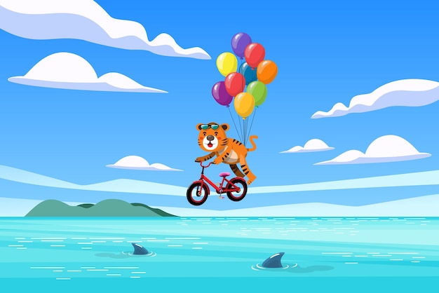 Free vector a young tiger rides a bicycle and carries a bunch of balloons on a path among the mountains flat vector design illustration