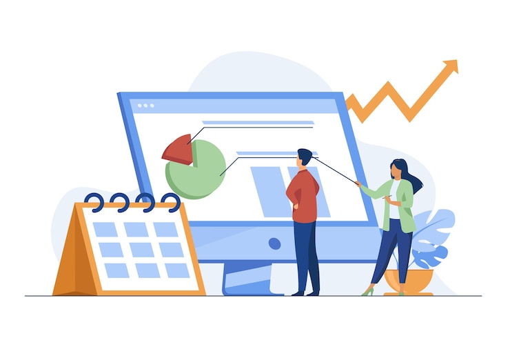 Free Vector young tiny analysts preparing monthly report. calendar, chart, arrow flat vector illustration. statistics and digital technology