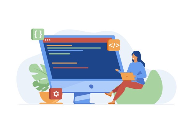 Young tiny girl sitting and coding via laptop. Computer, programmer, code flat vector illustration. IT and digital technology