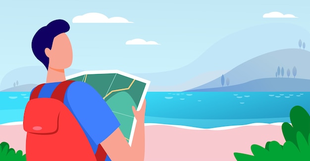Бесплатное векторное изображение Молодой путешественник держит карту и стоит возле озера. рюкзак, пейзаж, поездка плоские векторные иллюстрации. отпуск и природа