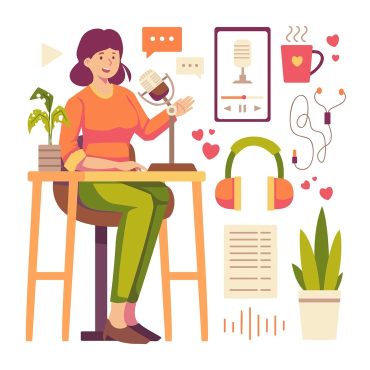 Free Vector young voice actor or radio presenter female talking on microphone