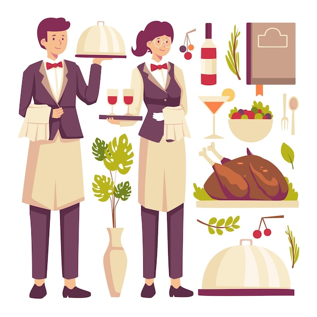 Free vector young waitress and waiter and object element professional service in restaurant