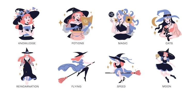 Free Vector young witches reading magical books making potions flying on broom flat compositions set isolated vector illustration