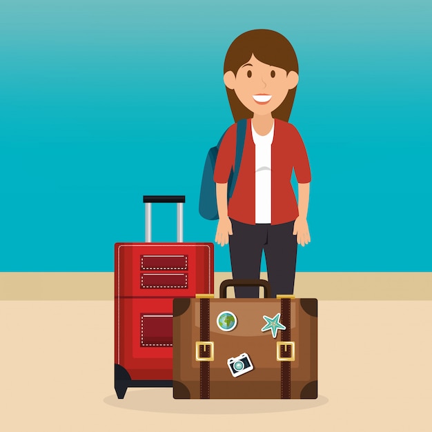Free vector young woman in the beach with suitcase